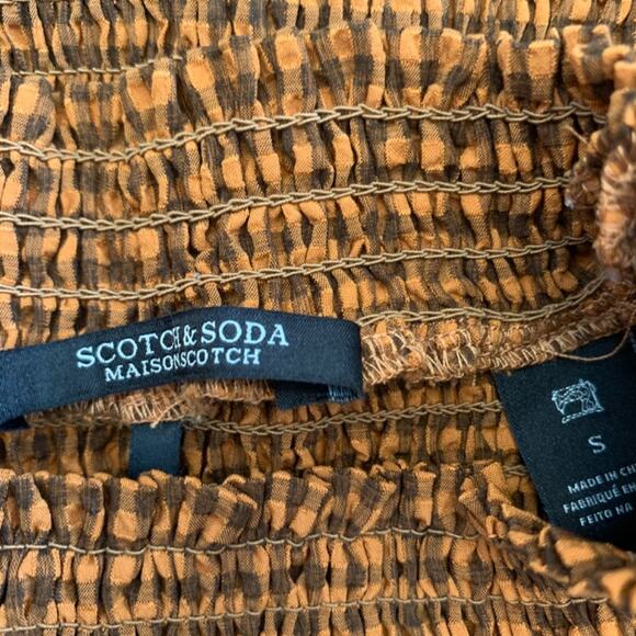 Scotch & Soda Smocked High Neck Top brown check gingham puff sleeve blouse FallS - Picture 10 of 15